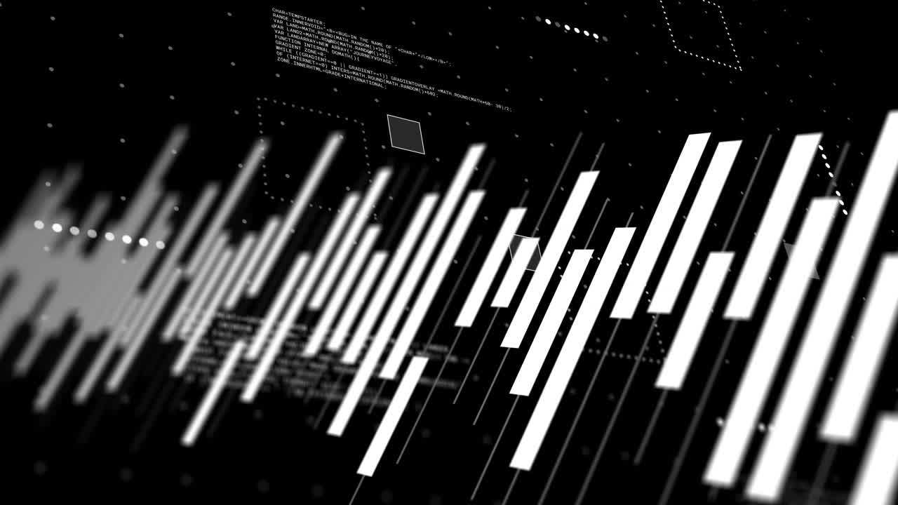 Animation of statistics and data processing over black background