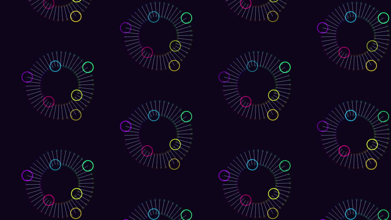 Colorful circles form a mesmerizing and harmonious circular pattern on a black backdrop in this vibrant and captivating seamless design