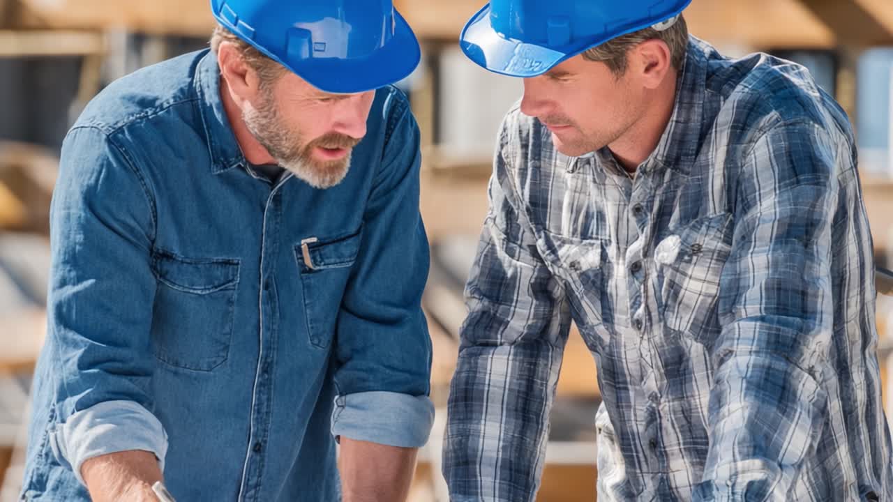 Two construction professionals examining plans on a job site, discussing project details with focus and collaboration while wearing safety helmets and casual clothing