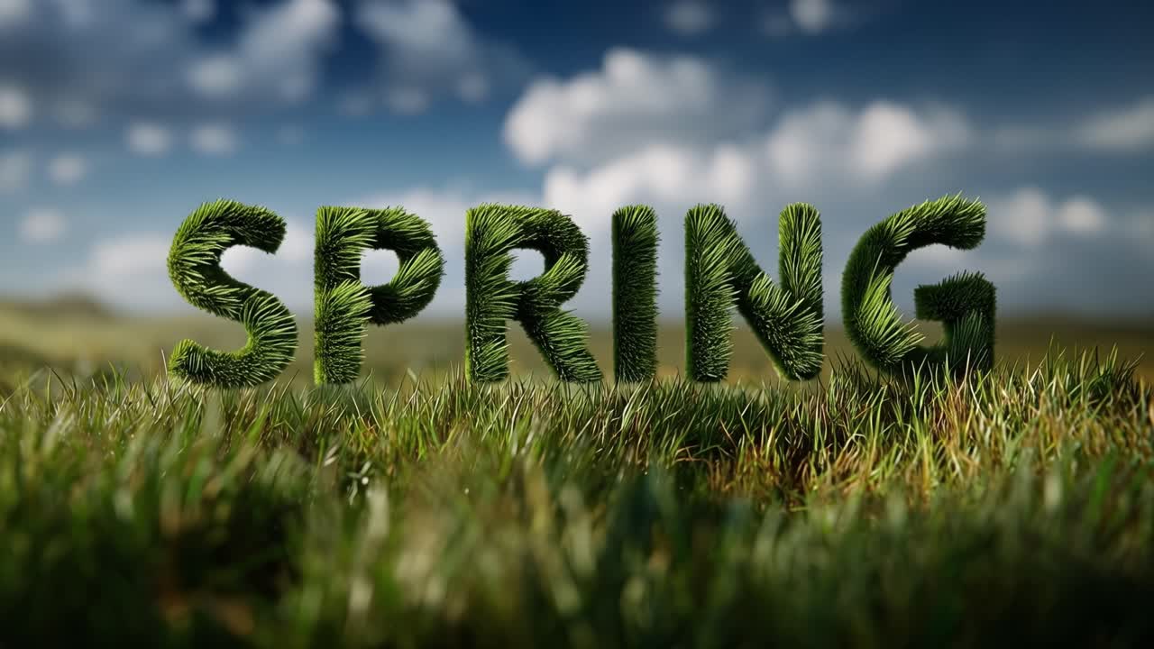 Green grass forms the word "SPRING" in bold letters. Soft wind rustles blades beneath a partly cloudy sky. Bright sunlight bathes a tranquil meadow. Nature awakens with vibrant, fresh hues