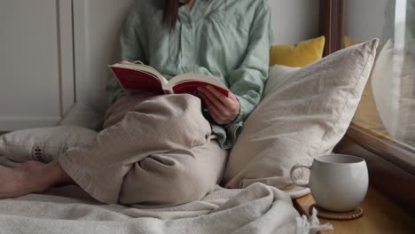 woman reading a book in a cozy window seat