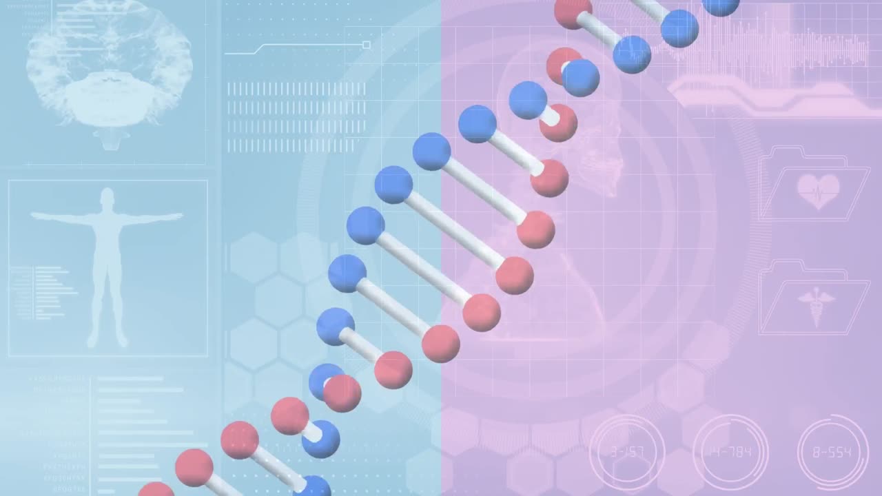 데이터 처리 위에서 회전하는 dna 가닥의 애니메이션