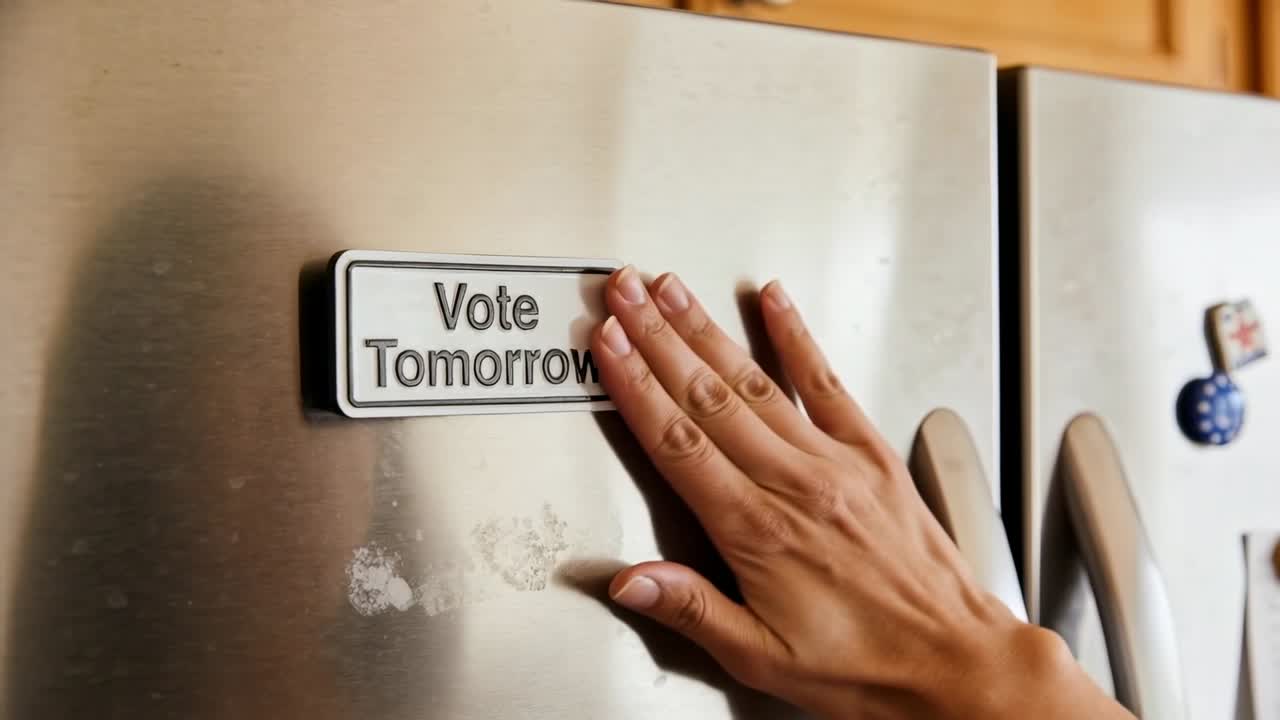 Bringing woman's hands placing and smoothing Vote Tomorrow magnet on steel fridge as vote reminder