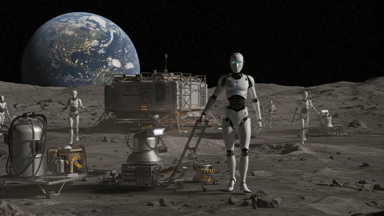 Exploring the Lunar Surface: Robotic Assistants Facilitate Human Advancement on the Moon, Showcasing Technological Innovations in a Celestial Environment