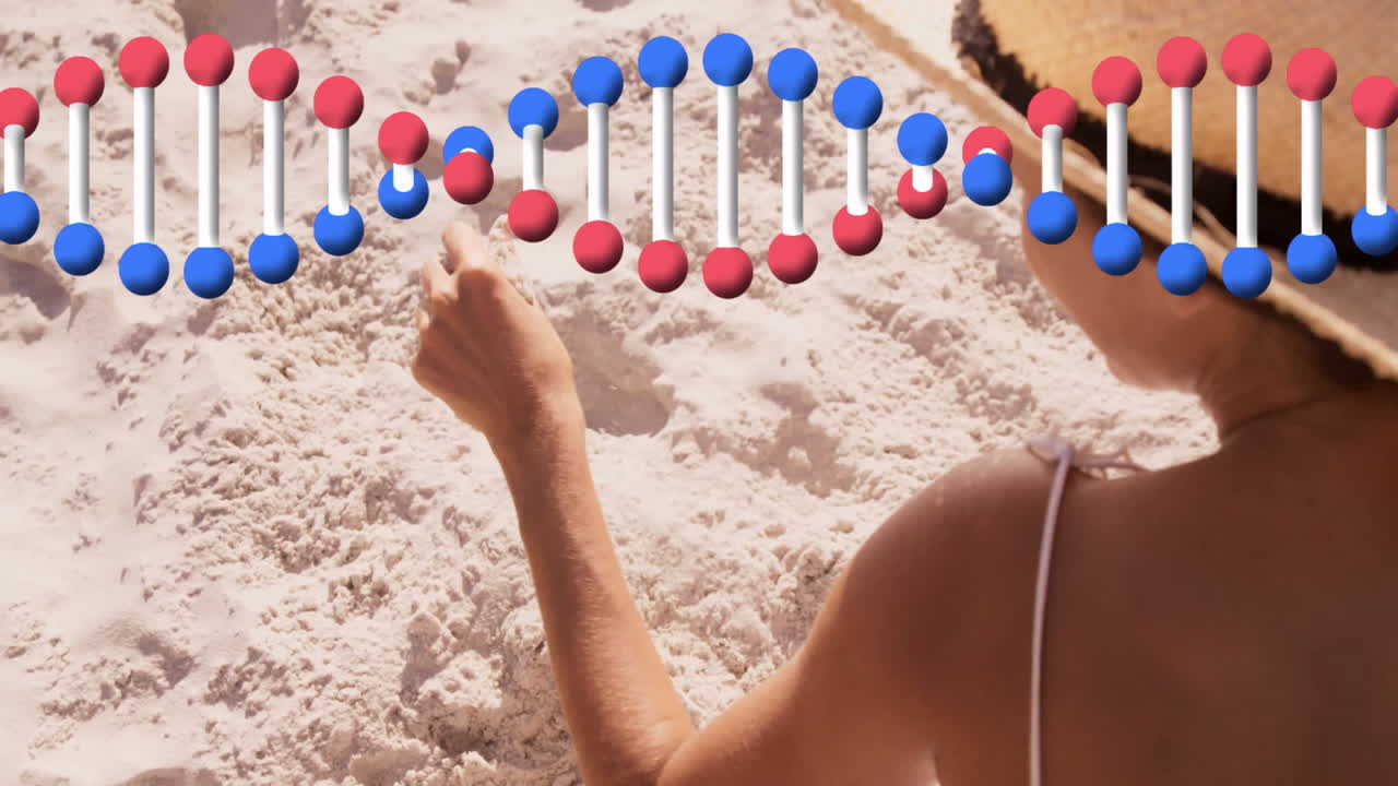 Relaxing on sandy beach, person with DNA strand animation overlay in background