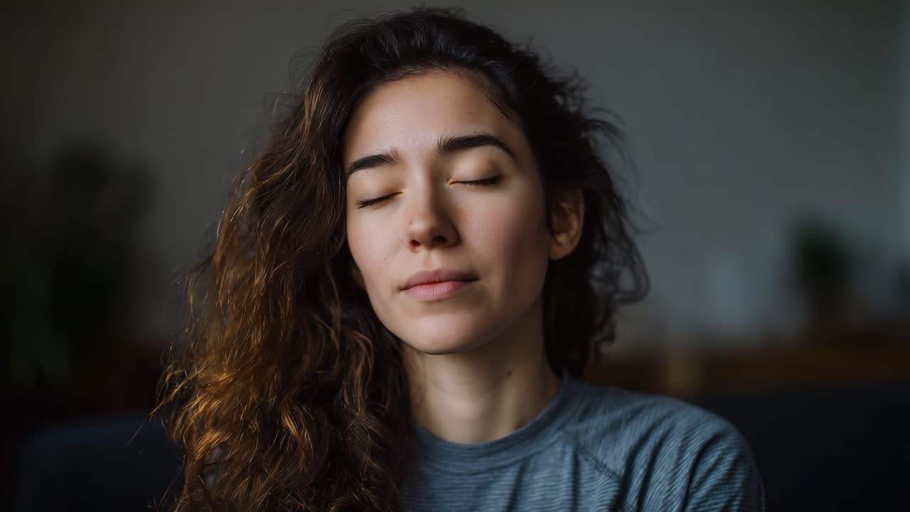 Momento sereno: Primo piano di una giovane donna con capelli bellissimi ed espressione calma, che cattura la tranquillità e la riflessione interiore in un ambiente con luce soffusa