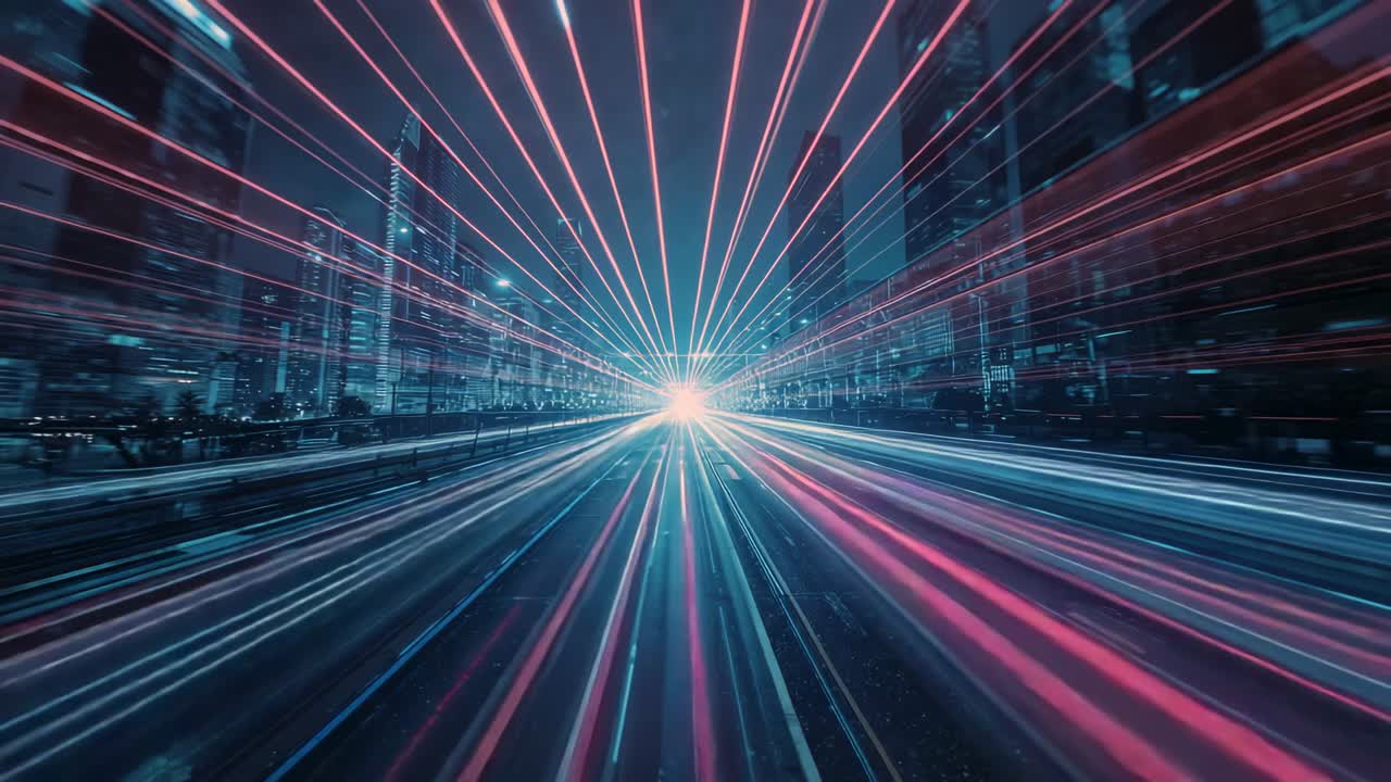 Starting simulation central light emitting radial lasers, neon streaks along multilane road in city