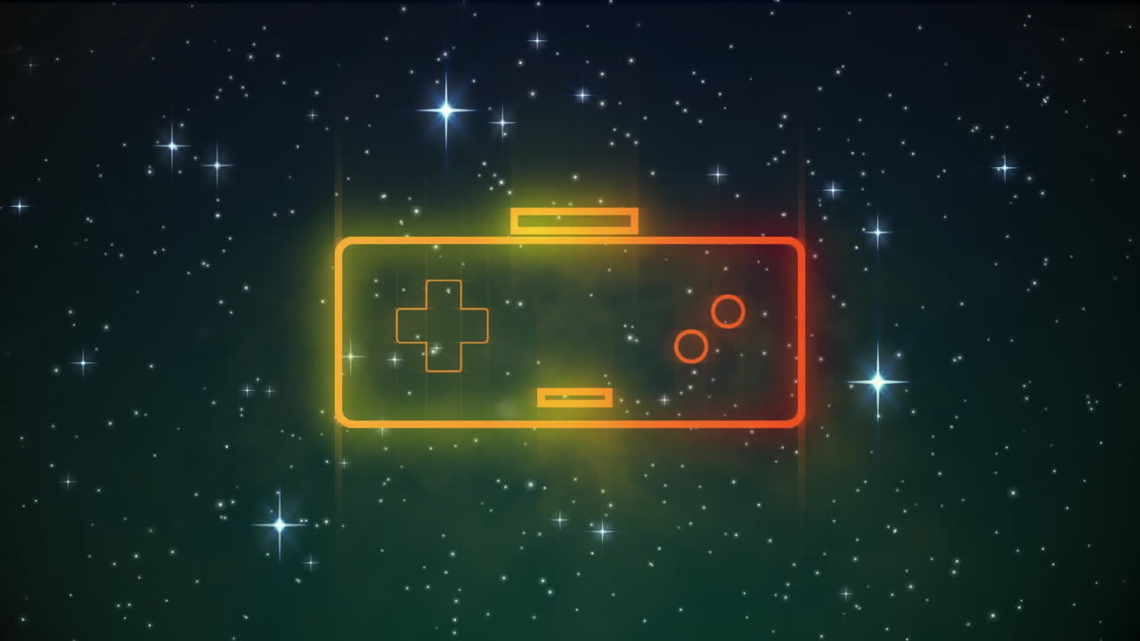 Animation of neon video game pad over stars background
