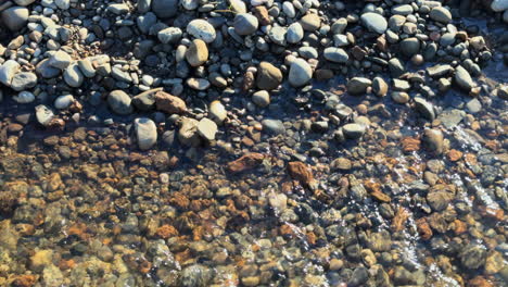 the crystal clear water of the river arrow in warwickshire, england flowing over different coloured stones and pebbles on the river bed