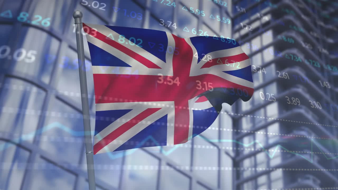 영국 발이 금융 데이터와 주식 시장 애니메이션 위에 흔들리고 있습니다.