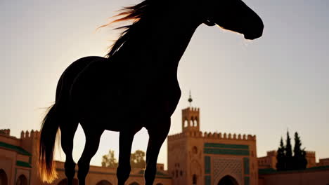 horse silhouette in moroccan palace at sunset