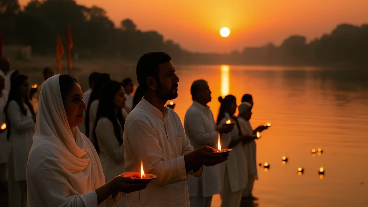 Individuals dressed in white hold glowing candles by the river at sunset, creating a tranquil scene filled with warmth and collective spirituality