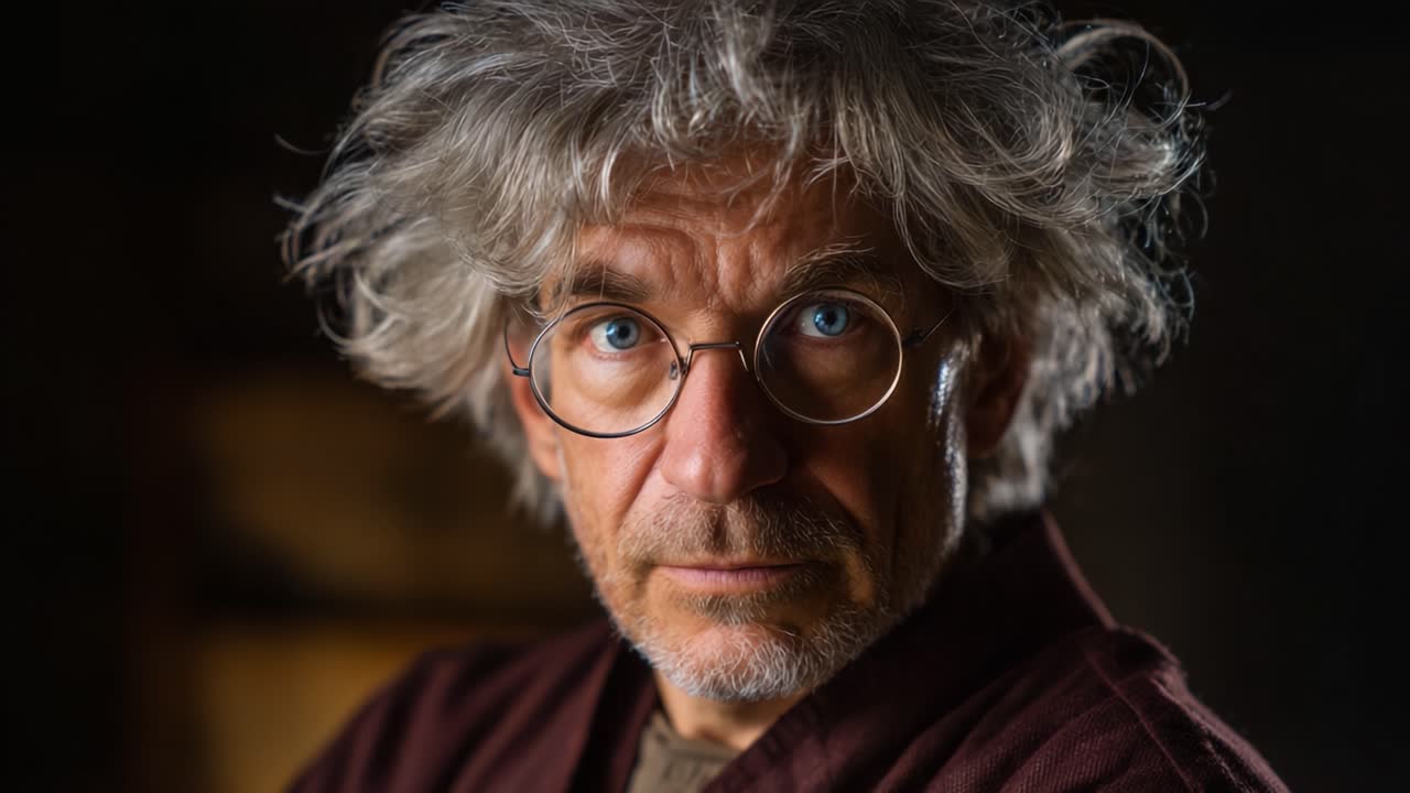 Primo piano di un uomo con capelli spettinati e occhiali rotondi, che mostra uno sguardo intenso in un'illuminazione calda per espressione artistica ed esplorazione del personaggio