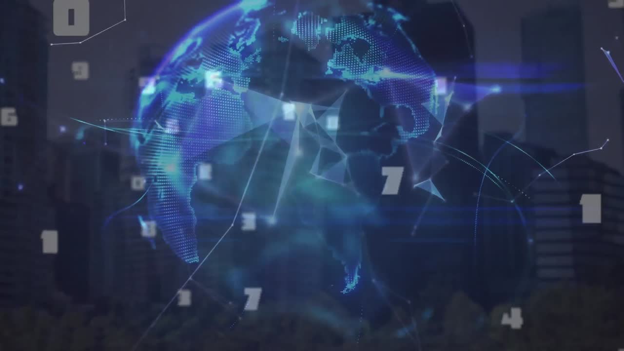 Animazione di rete di connessioni con globo su paesaggio urbano