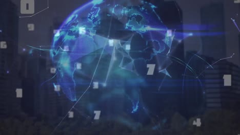 Animation of network of connections with globe over cityscape