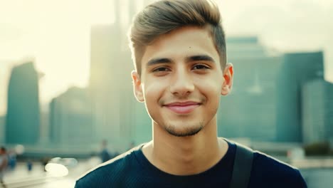 young man with short dark hair and a beard smiles confidently while wearing a dark shirt. an out of focus background enhances the cheerful expression and positive vibe