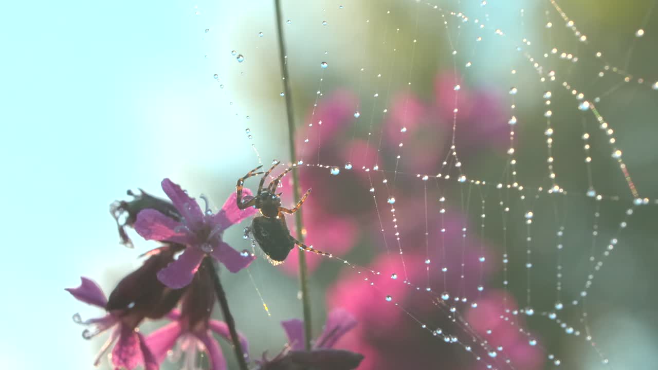 핑크색 꽃으로 이슬로 인 웹에 있는 거미