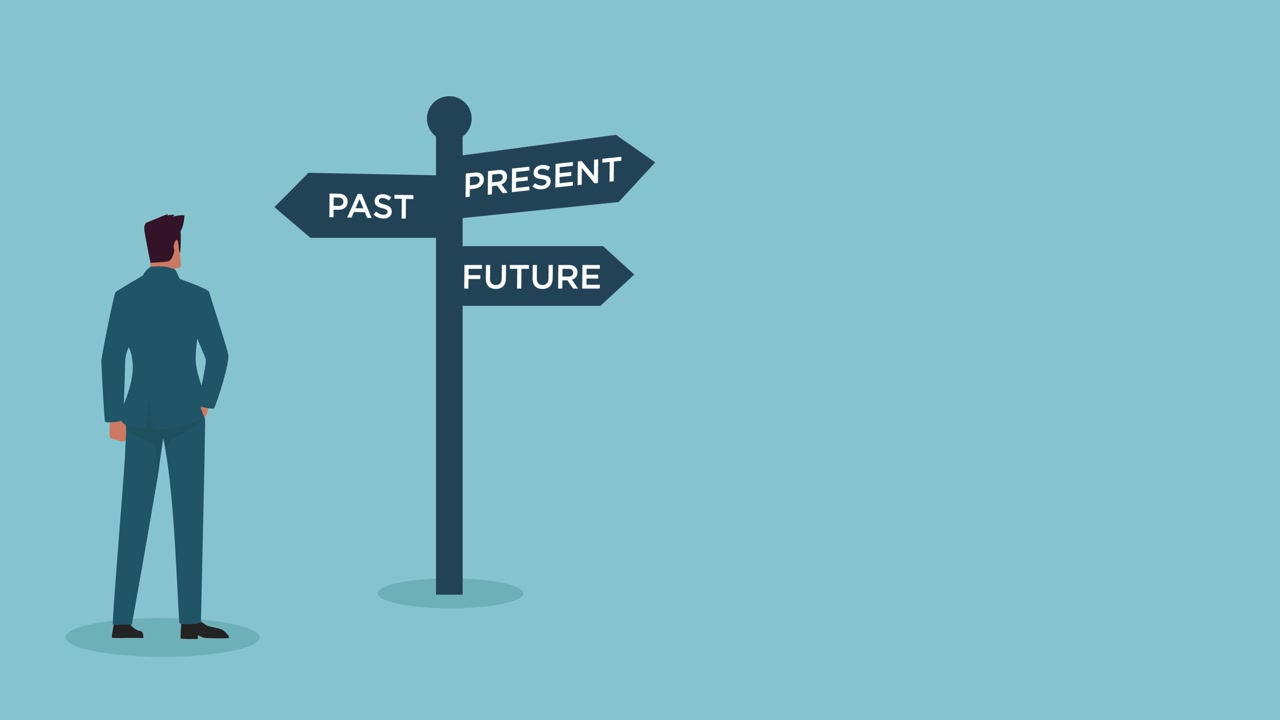 Businessman Looking at Signpost with Past, Present, Future Directions
