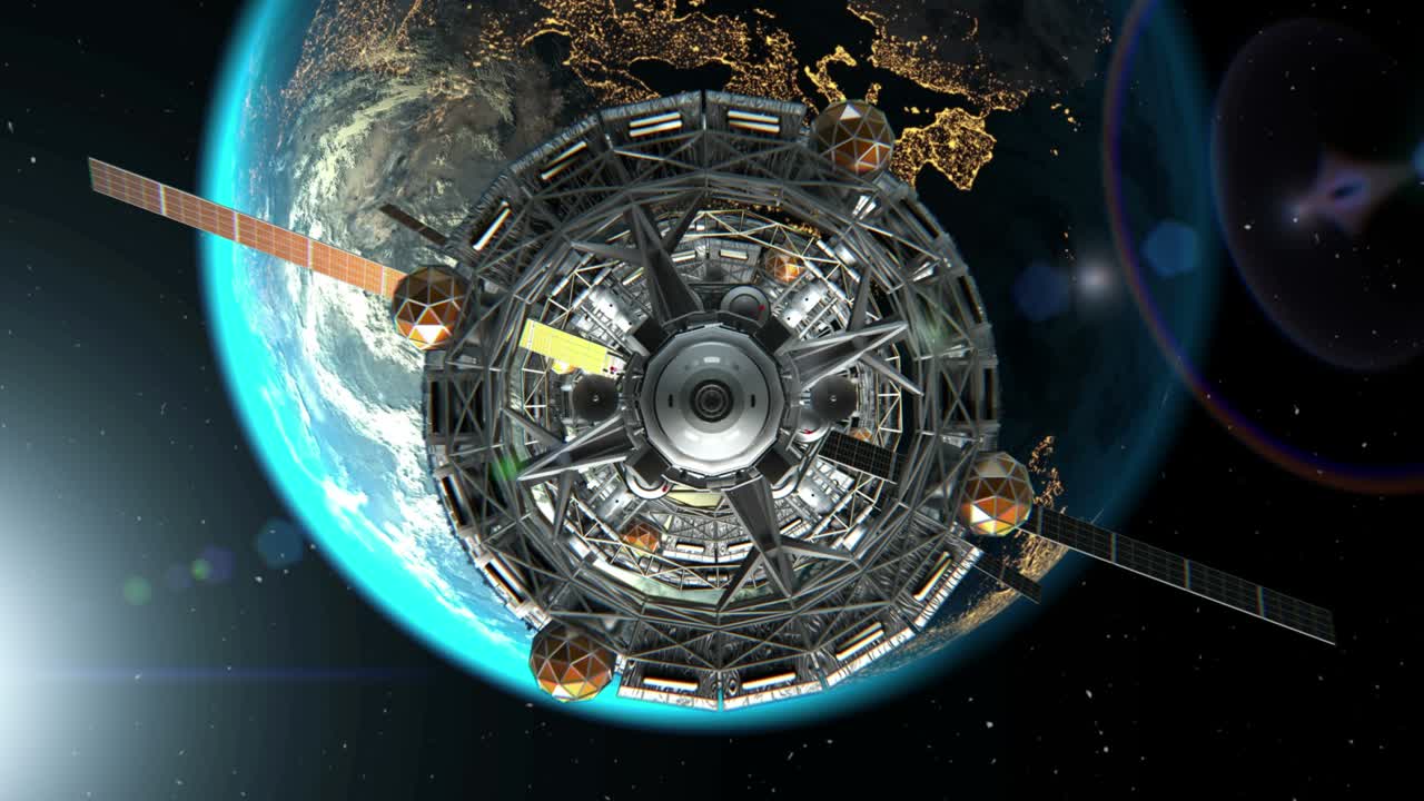 полет через дверь научно-фантастического космического корабля. земля и солнце на заднем плане, 3d, зеленый экран. текстура земли была создана в графическом редакторе без фотографий.