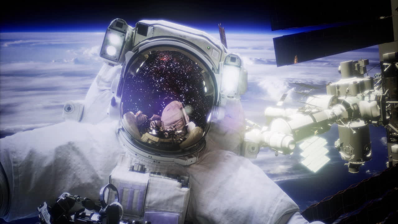 Astronaut explores space near the international space station at night