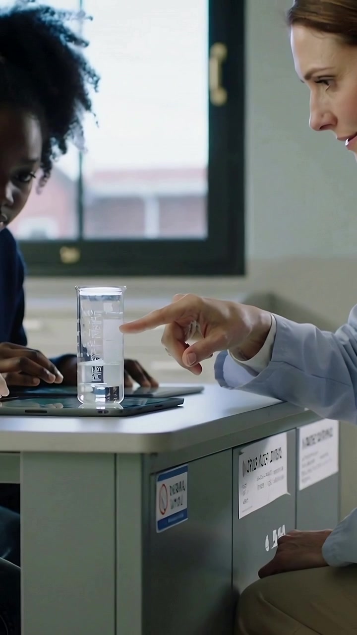 Vertical video: Tapping teacher in blue shirt teaching on graduated cylinder on tablet at lab desk