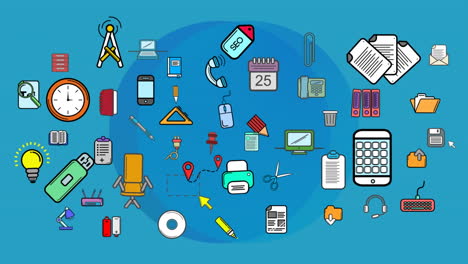 animación de múltiples iconos digitales sobre una forma circular abstracta contra un fondo azul
