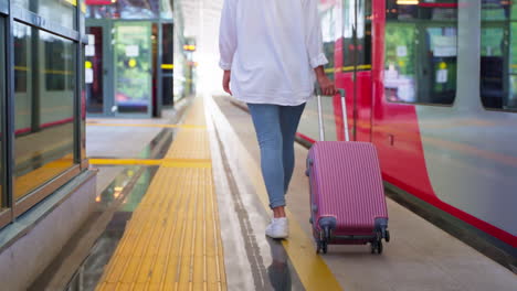 woman with suitcase at train station