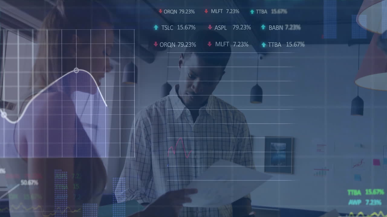 Animation of data processing and diagrams over diverse colleagues discussing work in office