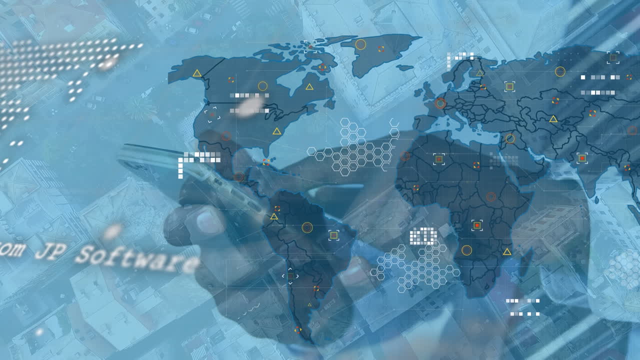 스마트폰을 사용하는 아프리카계 미국인의 손에 세계 지도, 아이콘 및 지구상의 애니메이션