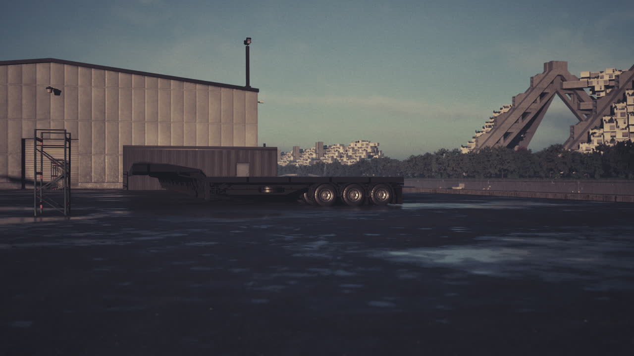Urban landscape featuring a trailer in an industrial area during late afternoon