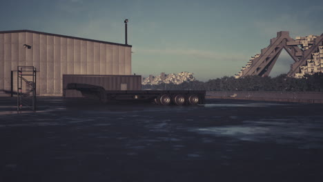 urban landscape featuring a trailer in an industrial area during late afternoon