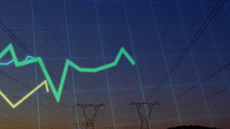 electricity towers silhouettes being visualized over digital grid with zigzag line graphs