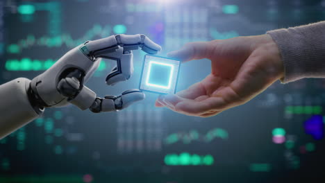 robotic hand and human hand exchanging a glowing microchip
