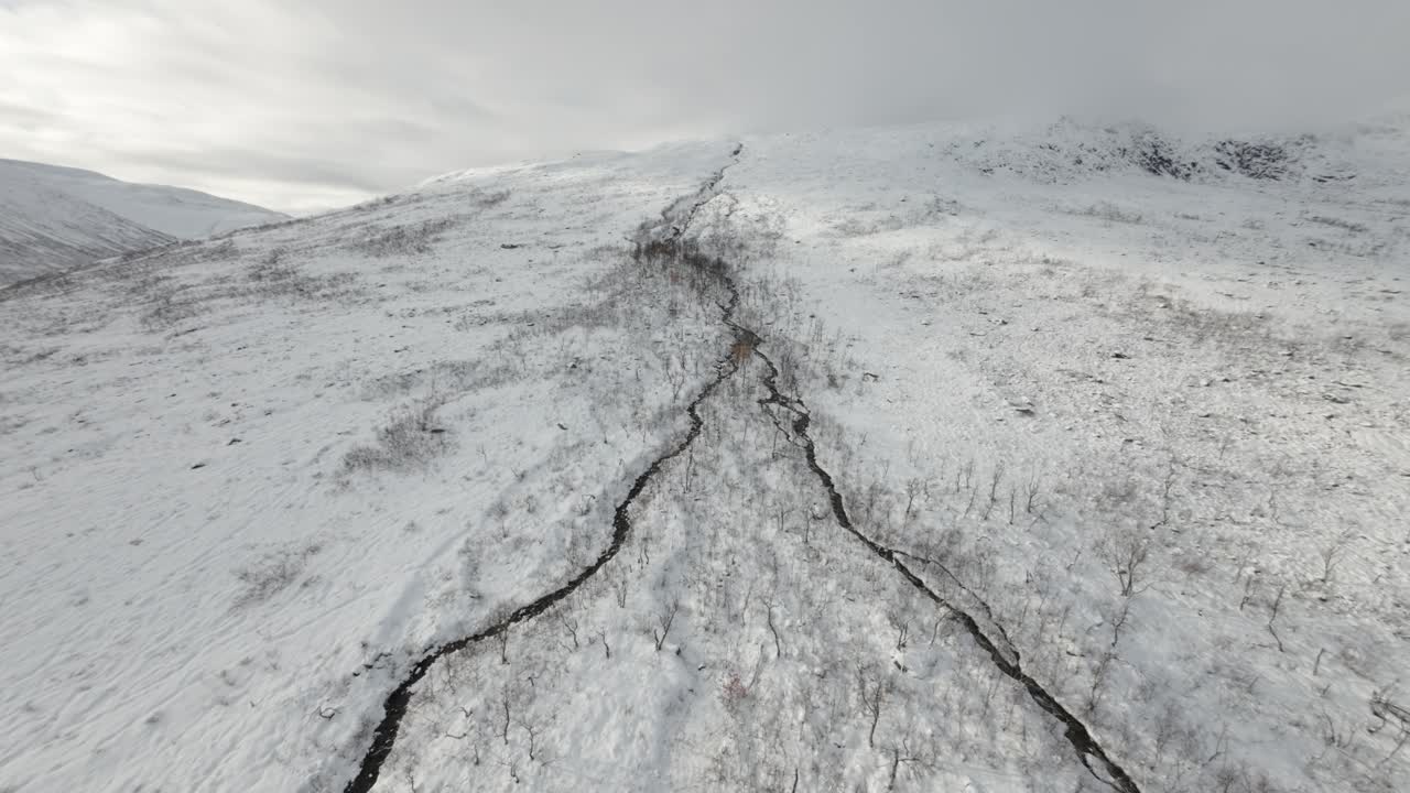 fpv 드론이 강과 나무가 있는 산기?? 에 접근하고 있습니다.