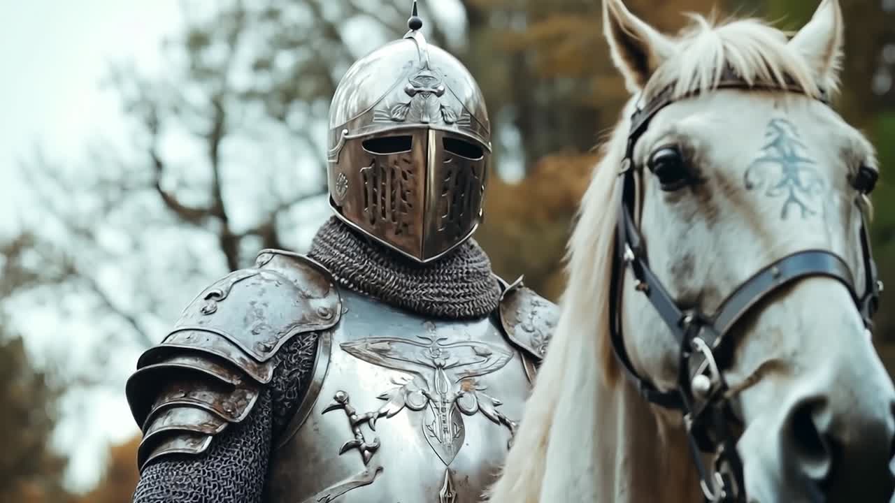 A man in armor standing next to a white horse