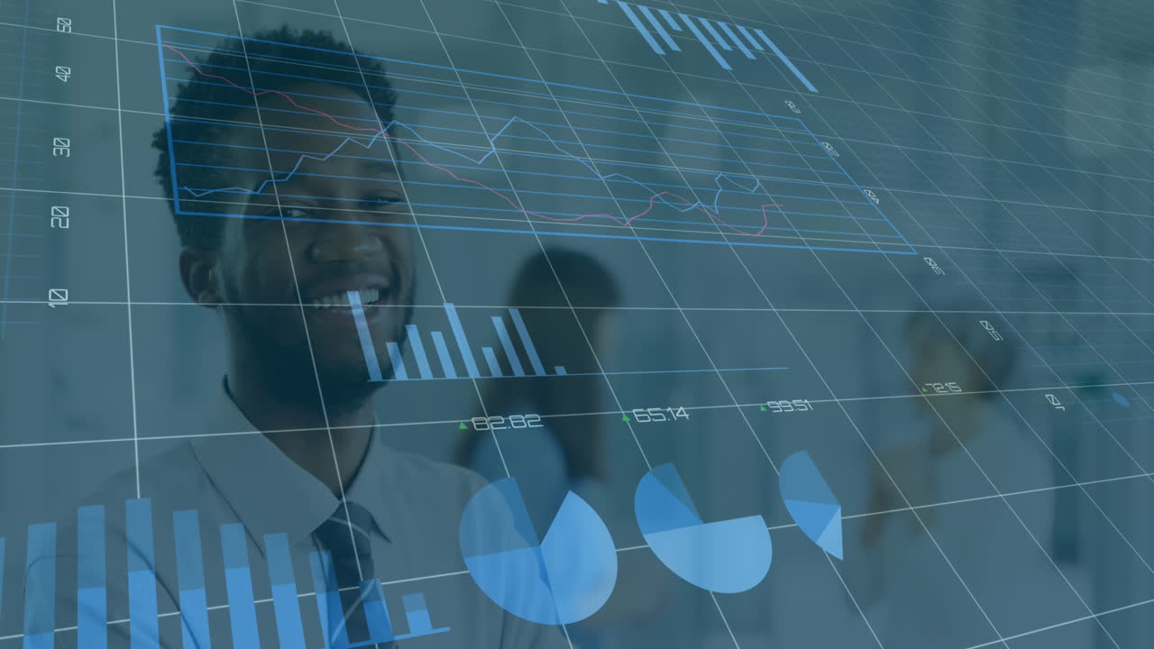 Animation of statistics and financial data processing over business people