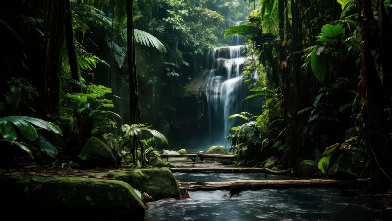 Una cascata serena in una giungla rigogliosa, ripresa da un angolo basso. La scena è perfetta per un'atmosfera rilassante