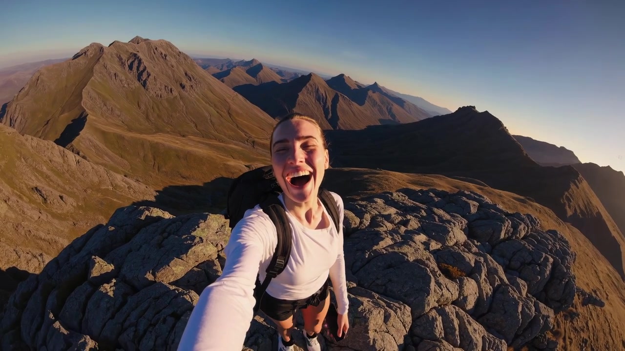 Donna sorridente che registra un video selfie sulla cima di una montagna