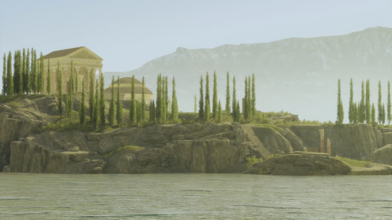 Historic architecture along a serene lakeshore surrounded by mountains