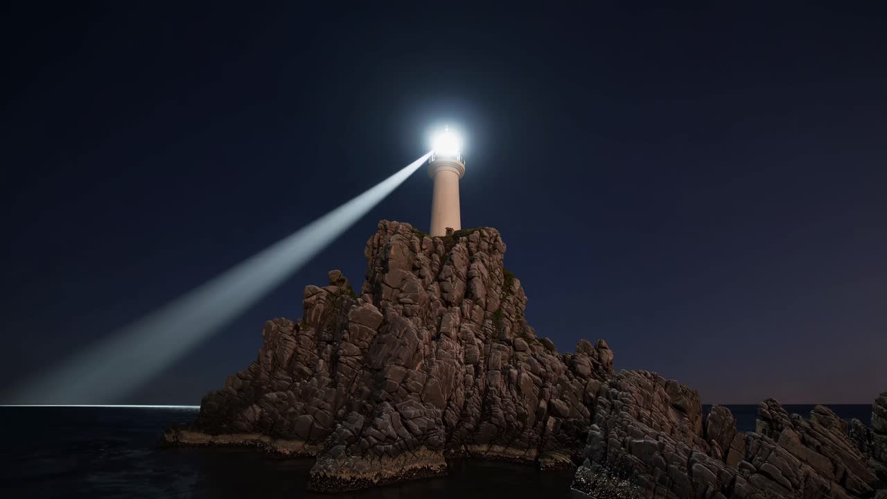 Dramatic low-angle shot of a lighthouse on rocky cliffs at night, with a bright beam illuminating