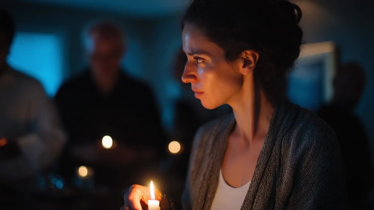 Woman holding candle during a solemn gathering in a dimly lit room