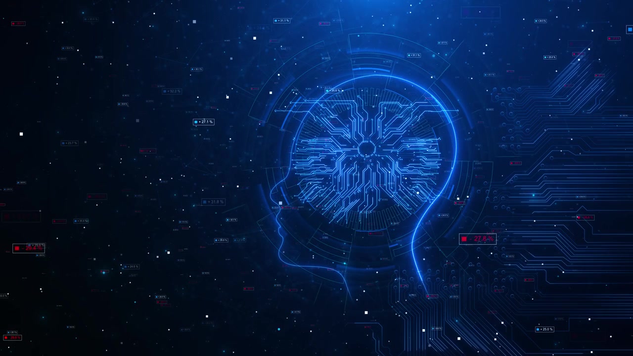 Ai human brain technology background digital head circuit intelligence data labels glowing network