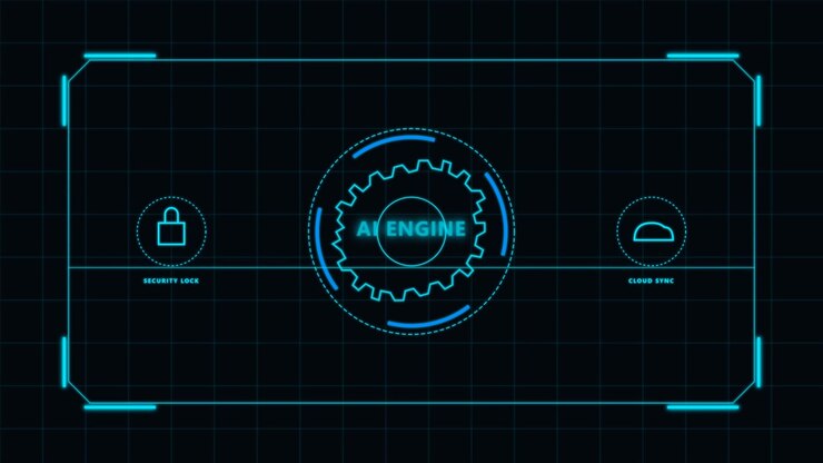 Digital AI Engine Interface with Security and Cloud Sync Icons
