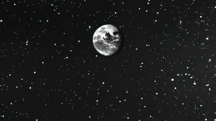 Vista aérea em vídeo da Terra no espaço, cercada por estrelas