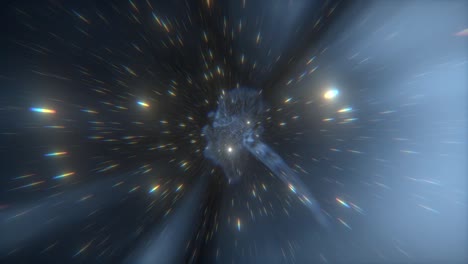 pov of traveling inside a wormhole during an intergalactic space travel, animation of a time travel vortex hyperspace tunnel