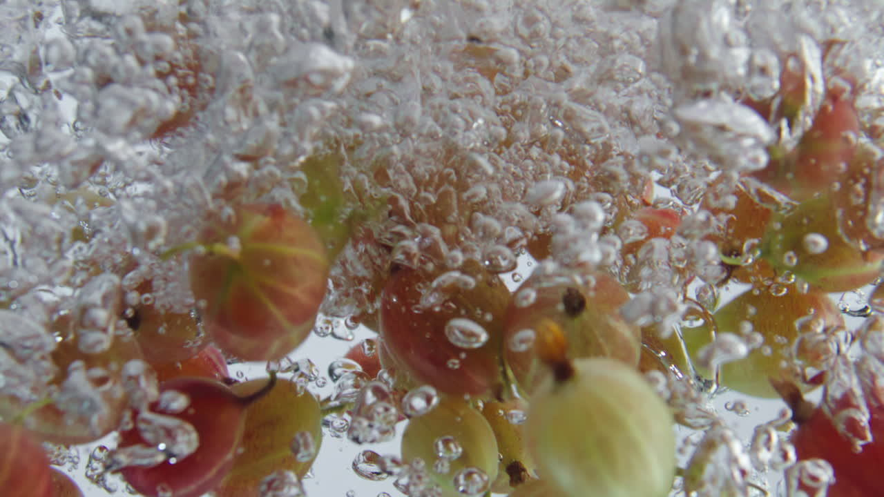 Uva spina matura caduta in acqua con bolle su sfondo bianco, primo piano.