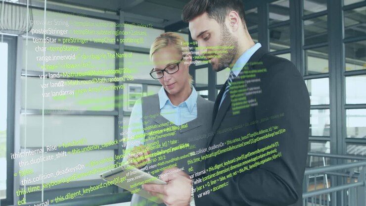 Animation of data processing over diverse business people in office