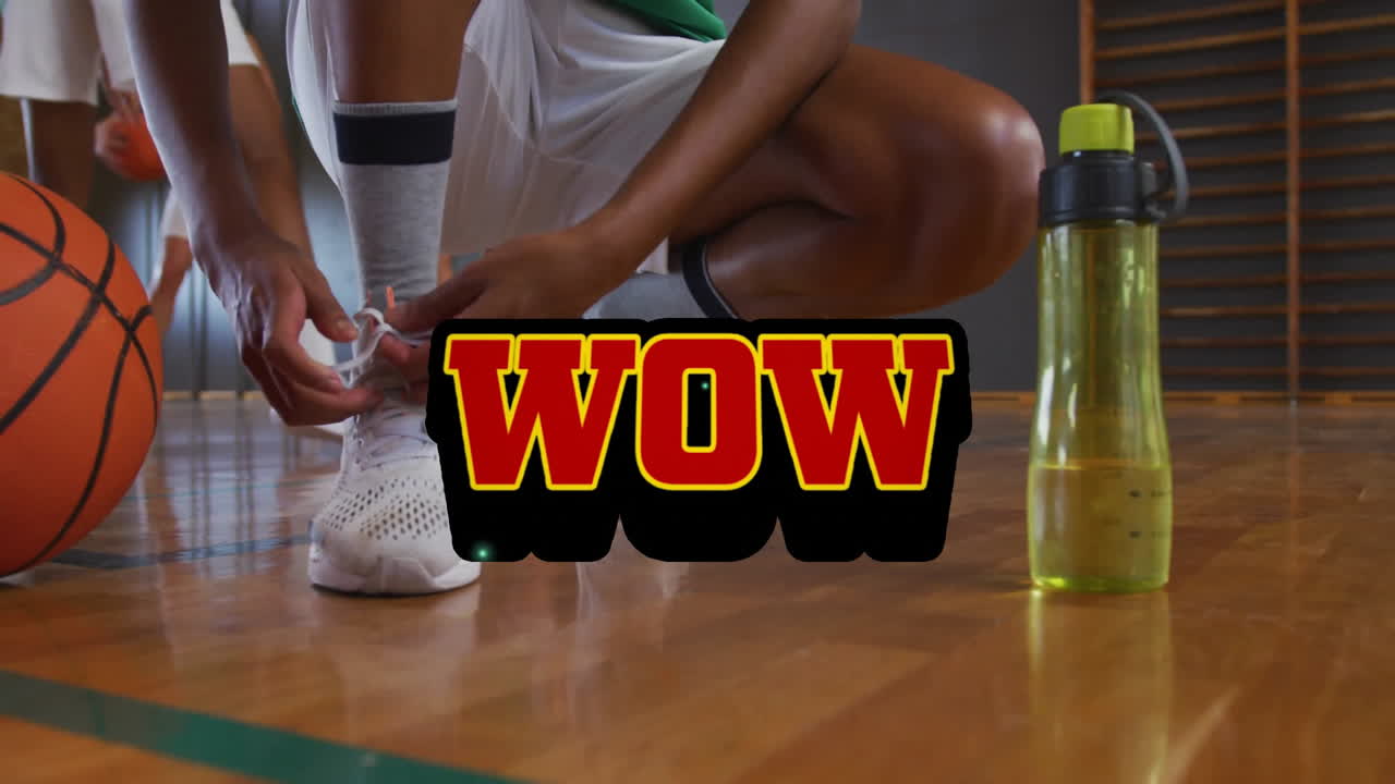 Basketball player tying shoelaces with WOW text animation over scene