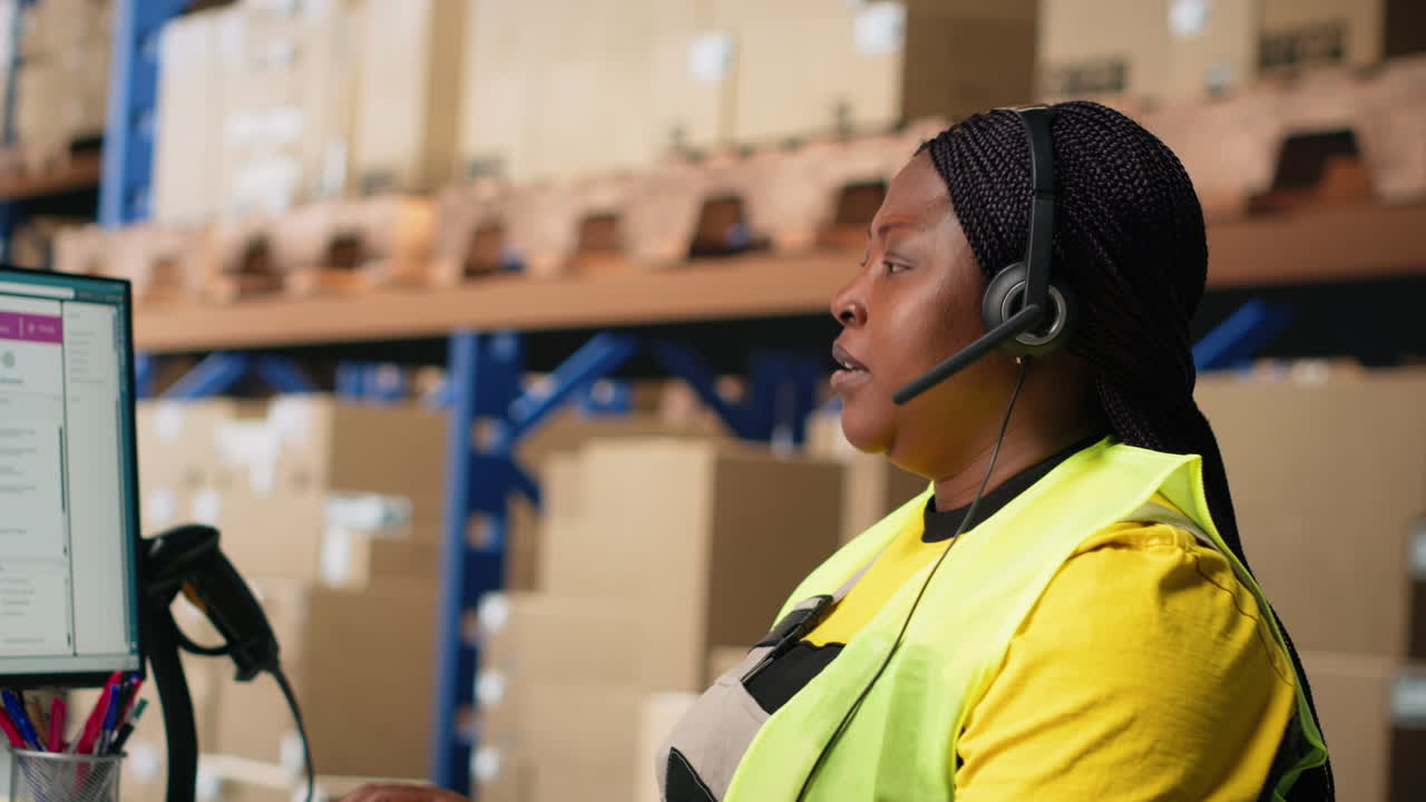 Vertical Video Black female customer support clerk speaks with clients about shipment details