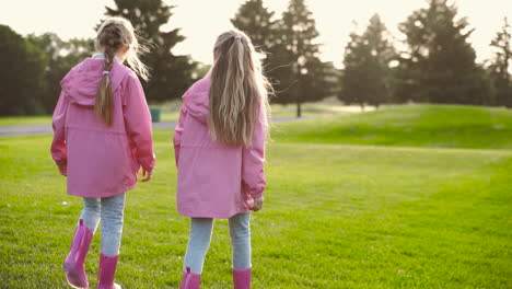 back view of two little sisters in identical clothes walking together in the park on autumn day